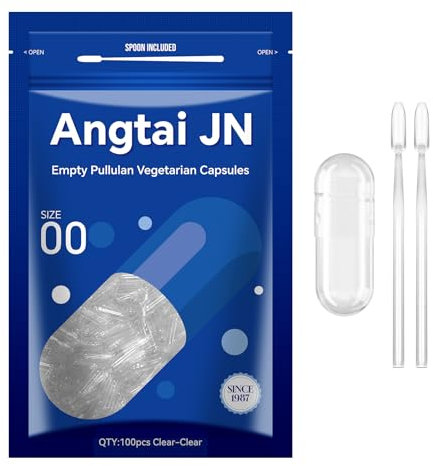 Angtai JN Pullulan Capsule Vegetali Vuote Taglia 00-Chiavi Capsule Vuote per Riempimento con 2 Micro Cucchiai,Capsule Vuote Fai-Da-Te Compatibili con Dimensioni di Riempimento Capsule 00,100 unità
