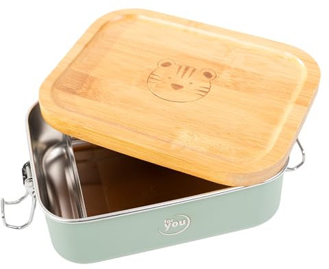 for you Brotdose für Kinder - Edelstahl 850 ml - mit Bambusdeckel und eingraviertem Löwen oder Tiger. Mit herausnehmbarer und verschiebbarer Trennwand (Mint Tiger)