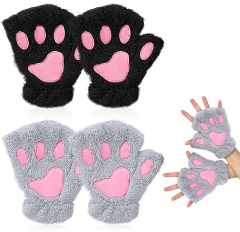 EUPSIIU 2 Piezas Guantes Kawaii Sin Dedos de Felpa Para Mujeres y Niñas, Adorable Garra Gato Medio Dedo Para Cosplay Invierno