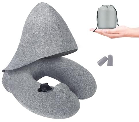 OWill AIR Nackenkissen aufblasbar mit Kapuze,Reisekissen,Nackenhörnchen egornomische Kopfstütze,Aufblasbares Nackenkissen Reise mit Ohrstöpsel,Bezug für Camping,Reisen,Flugzeug,Zug,Auto,Büro(Grau)