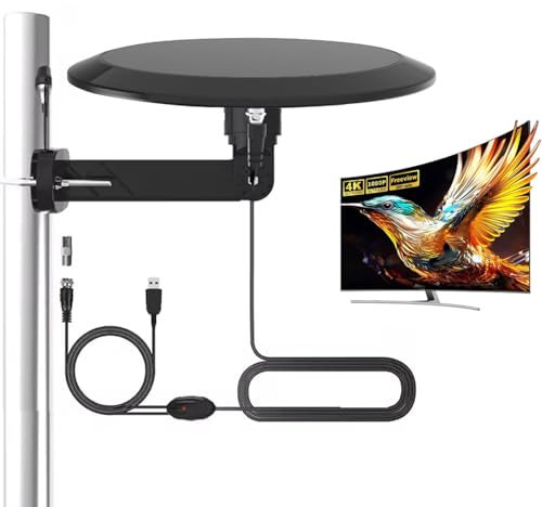 Antenne TV numérique à longue portée pour intérieur et extérieur - Pour grenier et camping-car - Avec booster, Freeview 4K/HDTV/1080p - Chaînes locales avec câble coaxial de 9,8 m