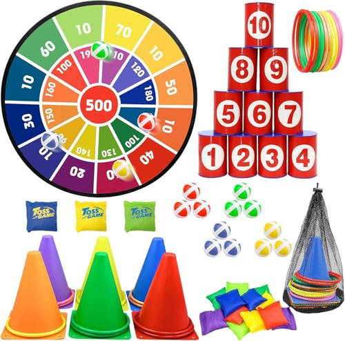 Carnival Games Combo Set, 56 Piece Dart Board Plastic Cone Bean Bag Set Including Ring Toss Games Bean Bag Toss Tin Can Knockdown Dart Games for Boys Girls Adults Party Family Yard Games