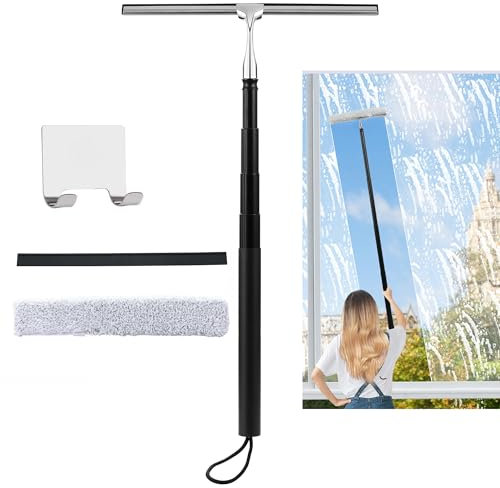 Toncoke Window Squeegee for Home, 2 in 1 Window Washing kit with extension pole Long Handle Squeegee for Shower Glass Floor Tile Wall Car Windshield, 12 inch Wide, Black