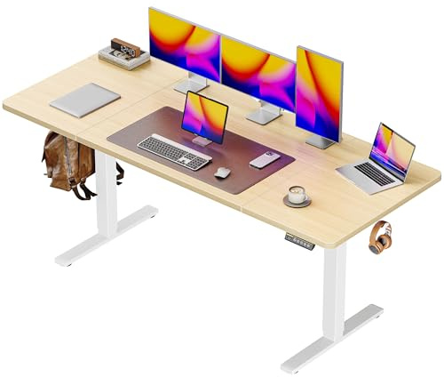 Huuger 63 x 28 Large Electric Standing Desk, Height Adjustable Computer Desk, 27.6 Deep Desktop, Stand up Gaming Office Table with 2 Hooks, 3 Preset Heights, for Home Office, Maple