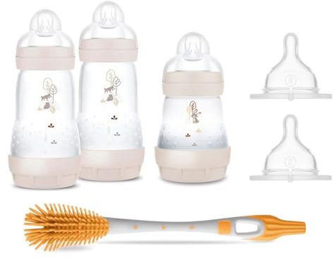MAM Easy Start Anti-Colic Newborn MEGA-Set 0+ from Birth self sterilising Baby Bottle Set with SkinSoft teats Size 0 (Breast Milk, Pre-Formula) Teat Size1 (Formula) MAM Bottle Brush uni Colour