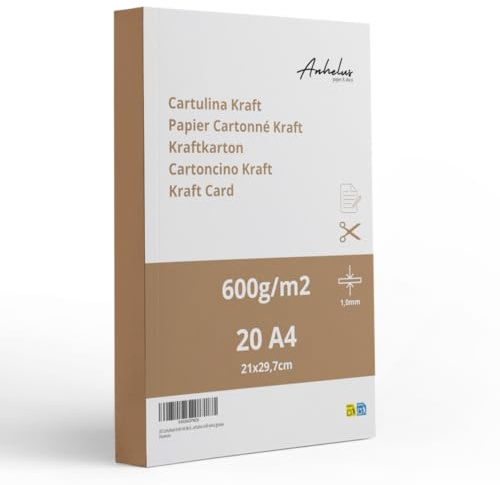 20 Fogli - Cartoncino Kraft A4 (21x29,7cm) | 600gr/m2 (1mm di spessore) | Cartone Naturale Marrone Extra Forte | Cartoncino creativa spesso per artigianato - Scrapbooking