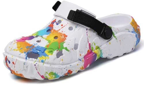 Zuecos de goma EVA para hombre con diseño de salpicaduras de color, ligeros, antideslizantes, con correa ajustable, zapatos de agua transpirables para jardín, playa, piscina y ocio en verano, Blanco