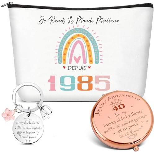 Xuniea 3 Pièces Cadeaux d'anniversaire de 40 Ans pour Femmes 1985 Trousse de Maquillage de Voyage Miroir de Poche et Porte-Clés pour Mère Épouse Meilleur Ami Petite Amie Sœurs