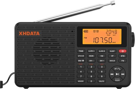 Radio portatile, radio digitale con Bluetooth, radio FM ricaricabile USB-C, doppio allarme, orologio SleepTimer 400 stazioni preimpostate, supporto micro SD per musica, XHDATA D-109 per casa e viaggio