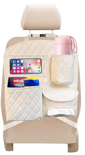 Organizadores para Coche, Cuero de PU Organizador Asiento Trasero de Coche Infantil, Impermeable Protector de Alfombrilla para Asiento de Coche, con 4 Bolsillos 2 Ganchos, Bolsillo Phone (Blanquecino)