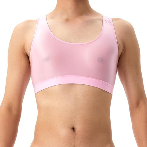GENEMEN Gilet Transparent Homme Crop Top Brillant Lingerie sans Manches Chemise Sexy Sissy Soutien Gorge