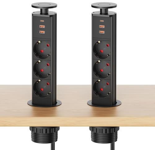2-pack 3-vägs bordsuttag sänkbart med USB C, infällbart uttag kök med 2 USB A, inbyggt uttag, sänkbar för bänkskiva, 4000 W/16 A, 1,8 m kabel, svart,