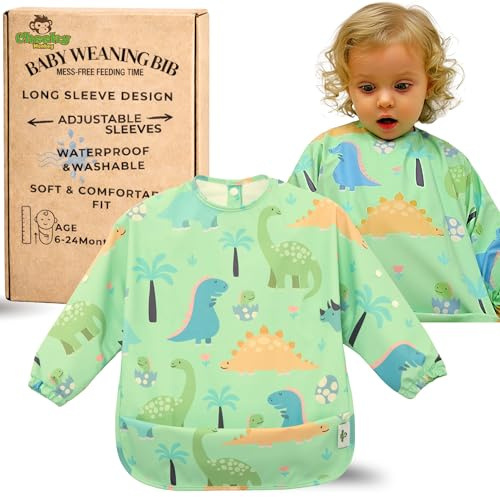 Cheeky Monkey Baby Bibs with Sleeves Waterproof | Long Sleeve Weaning Bib 6-24 Months | BLW Coverall Feeding Bib | Baby Smock | BPA Free | Machine Washable | Food Catcher Pocket | Boys Girls