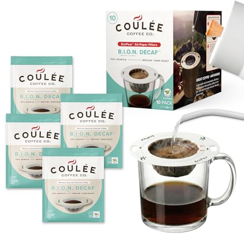 Coulée EcoPour B.I.O.N. Coffee, All Paper Single Serve Pour Over Decaffeinated Coffee, for Camping or Traveling, Pre Filled Compostable, All Paper Filters, Ready to Brew with Hot Water, Plastic Free, 10 Pack