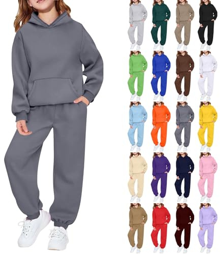 Kids Tracksuit Full Set Girls Boys 2 Piece Oversized Outfit: Girls 2 Piece Outfits Solid Color Cuffed Sweatpants Oversized Pullovers Hoodie Set Sportwear Essentials for Sprots Travel Casual Khaki