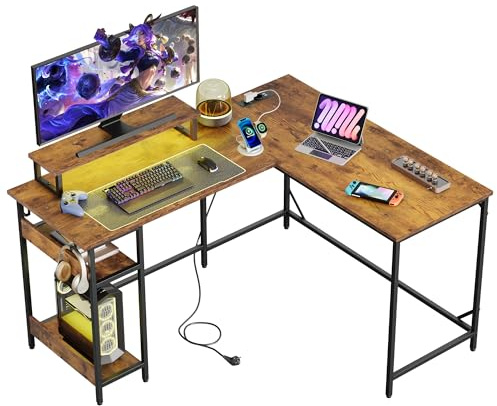 DEVAISE Escritorio en L de 152 cm con Tomas de Corriente, Escritorio de Computadora con Estantes Reversibles, Mesa de Estudio Moderna, Escritorio de Esquina con Luces LED para Oficina en Casa, Marrón