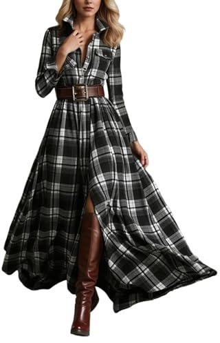 WAZHAKU Vestidos de mujer vintage estilo rústico, vestido largo bohemio, vestido largo a cuadros, vestido de manga larga, vestido de camisa con botones, falda envolvente, falda de invierno, vestido