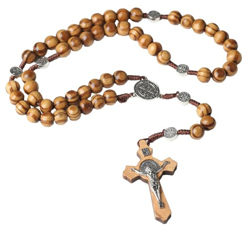 ElvenJoy Wood Rosary Necklace, Natural Holy Land Olive Wood Rosary, Handmade Wooden Smooth Beads, Catholic Cross Necklace Religious Jewelry for Catholic Christians Religious Communion