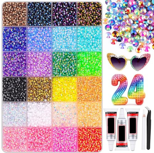 Lot de 26 000 pierres strass pour ongles, 24 couleurs de 3 mm - Pierres à dos plat - Avec pince à épiler et stylo - Peinture diamant - Livre de bricolage, maquillage, vêtements (24, A)