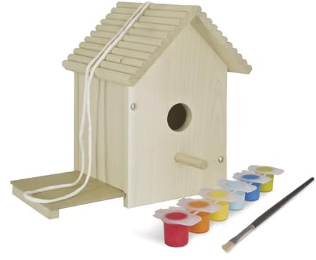 Eichhorn 100004581 Outdoor Vogelhaus aus Holz, zum Zusammenbauen und Bemalen, Inkl. Pinsel und Farben, 14x14x24cm Lindenholz, DIY