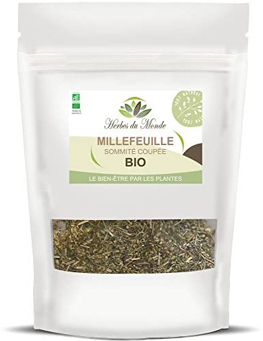 Herbes du Monde - Tapa cortada de té de hierbas de milenrama orgánica - Infusión orgánica desintoxicante/digestiva - Alivia la menstruación - 1 sobre de 50 g con certificación AB