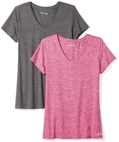 Amazon Essentials Women's 2-Pack Tech Stretch Short-Sleeve V-Neck T-Shirt Shirt, -charcoal heather/radiant raspberry heather, X-Small