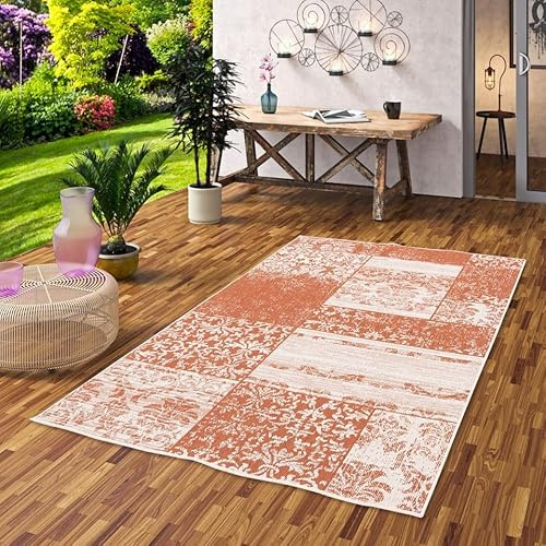 Pergamon In & Outdoor Teppich Flachgewebe Carpetto Terrakotta Patchwork in 4 Größen