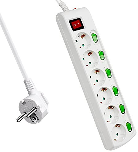 ExtraStar 6-Fach Steckdosen Kindersicherung,2m Kabel Steckdosenleiste mit Einzelschalter,16A/230V, MAX.3680W, Mehrfachsteckdose mit Schalter und Aufhängbar, Weiß