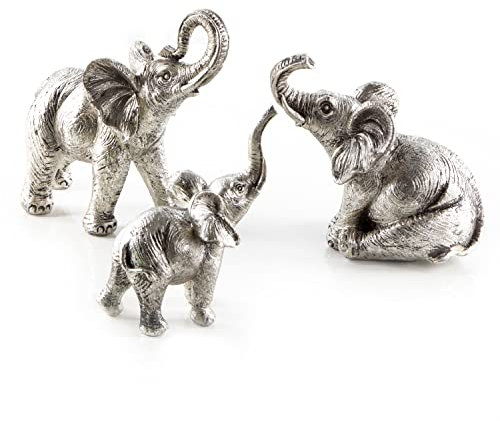 Logbuch-Verlag 3 figuras decorativas de elefantes africanos de piedra artificial, plateado brillante, para colocar de pie, amuleto de la suerte