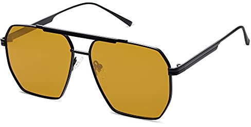 SOJOS Retro Oversized Square Polarized Sunglasses for Women and Men Vintage Shades Classic Large Metal Sun Glasses with Black/Yellow Lens