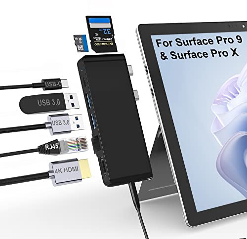 Surface Pro 9 Docking Station, adattatore hub Surface Pro 9 con LAN 100 Mbps, HDMI 4K, 100W USB-C, 2 USB 3.0, audio 3,5 mm, lettore di schede SD/TF per Microsoft Surface Pro 9/10/11/X