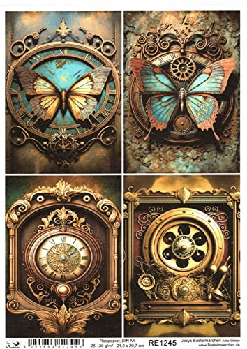 Josys Bastelmärchen Reispapier A4 Strohseide Decoupage Vintage Cyberpunk Uhr Schmetterling Patina RE1245