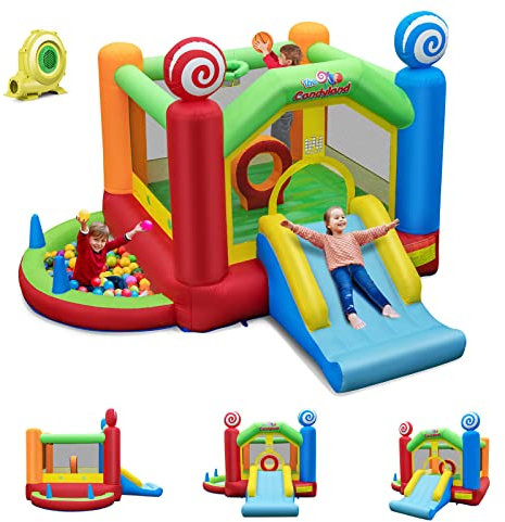 GOPLUS Castillo hinchable con soplador 680 W para 2 niños (90 kg, 3-10 años), zona de salto, tobogán, escalada, cesta baloncesto