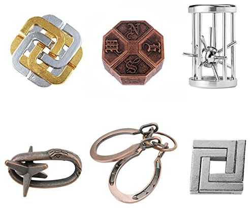 Knobelspiele Metall Puzzle Set, Joyeee Zaubertrick Spielzeug Denkaufgabe IQ Geist Test Lernspielzeug für Party Mitgebsel Erwachsene Teenager und Kinder Herausforderung, Grundschwierigkeit, 6 Stück - A