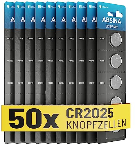 ABSINA Knopfzellen CR2025 50er Pack - CR 2025 Knopfzelle auslaufsicher & Langer Haltbarkeit - CR2025 Batterien Knopfzellen, CR2025 3V Lithium Knopfzelle, Batterie CR 2025, Knopfbatterie CR2025