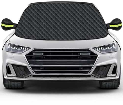 Mengine Car Windscreen Cover, Snow UV Ice Protection Car Windshield with 9 Hidden Magnets, Side Wing Mirror Covers & 2 Additional Hooks,Frost Guard Fit for Cars in All Weather (Black, 148×120cm)