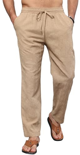 EDITCOZY Pantalone Lino Uomo Yoga Elastici in Vita Pantaloni Estivi Uomo Lunghi Lino Loose Fit Cotone Pantalone Kaki L