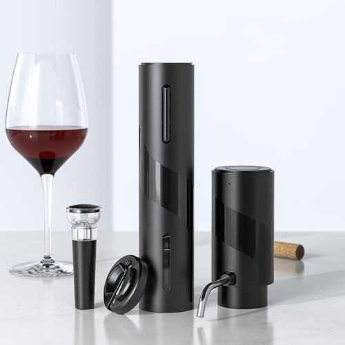 KAVYDENS Ensemble tire-bouchon électrique 4 en 1 - Rechargeable par USB - Avec décanteur, aérateur de vin, bec verseur, bouchon à vin et coupe-capsule - Coffret cadeau pour mariages, fêtes et usage