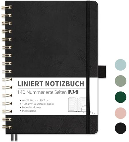 RETTACY Notizbuch A5 Liniert, Bullet Journal mit 100 g/m² Dickem Papier, 70 Blatt/140 Nummerierten Seiten, Collegeblock für Büro und Schule, Lederhülle, Schwarz, 14.8 cm x 21 cm