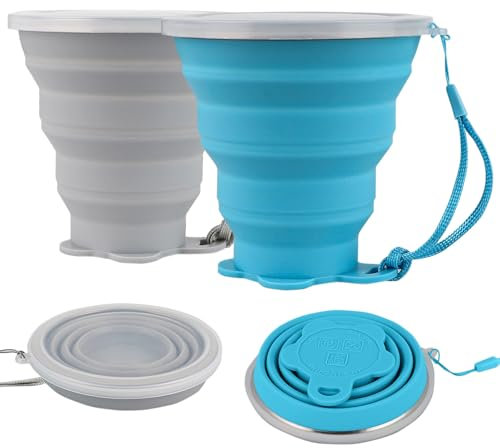 ddLUCK Silikon Camping Faltbecher mit Kunststoff Deckel, 320ml Wiederverwendbar Faltbare Becher Reisebecher Kaffeebecher, Für Outdoor Reise Wandern Picknick Büro(2 Stück)