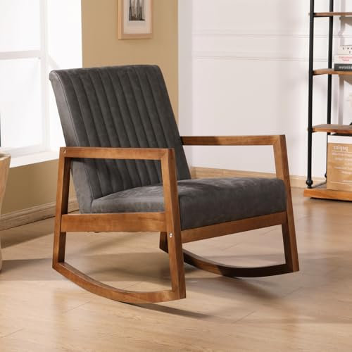 chairus Schaukelstuhl Holz Schaukelsessel mit Armlehnen, Kunstleder Stillsessel Wohnzimmer Schlafzimmer, Gepolsterter Schwingsessel Retro Stillstuhl, Grau