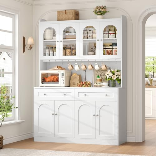 FACBOTALL 73 Tall Kitchen Pantry Cabinet with Countertop, 52'' Wide Storage Cabinet with Adjustable Shelves & Drawers, Large Kitchen Hutch with Storage for Home, Living Room, White