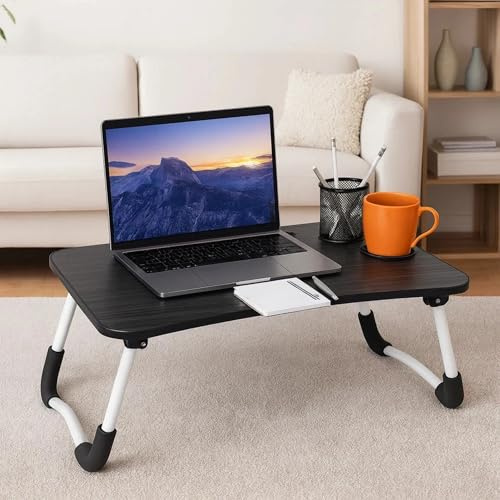 Laptop Bed Table with Cup Holder – Folding Lap Desk for Sofa, Breakfast Tray & Notebook Stand (60x40x26cm) (Black Wood Grain)
