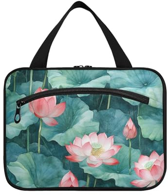 Akvarell rosa vattenlilja blommor hängande väska för kvinnor med krok, designer nödvändigheter sminkväska för resor nödvändigheter camping bolsas para maquillaje de Mujer, Akvarell rosa vattenlilja