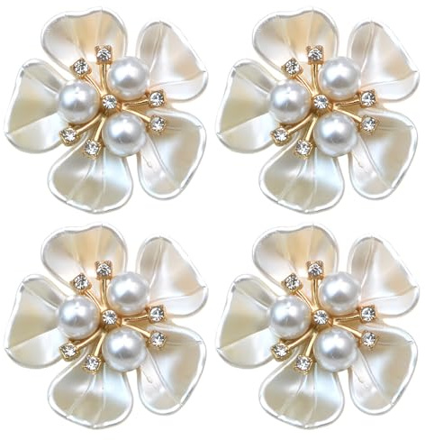 4 Pcs Decorative Button Covers, Pearl Flower Button Cover, Clip-On Rhinestone Buttons for Clothes, Decorative Fancy Accessories for Blouse Sewing DIY Clothing Jeans Shirt Dress Tuxedo