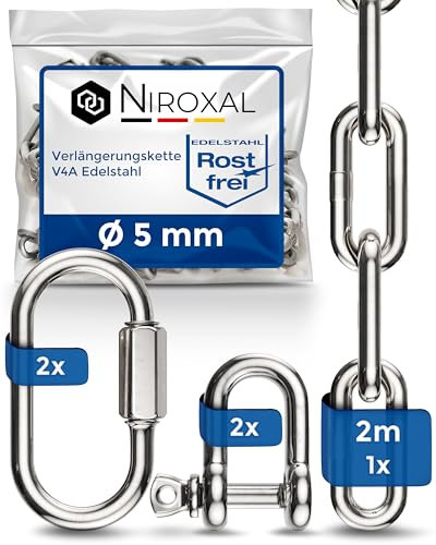 200-cm = 2 metros 5-mm cadena de extensión de acero inoxidable de 5 mm de espesor carga de ruptura max 900 kg con grilletes mosquetón de cadena de V4A set de montaje suspensión de saco de boxeo