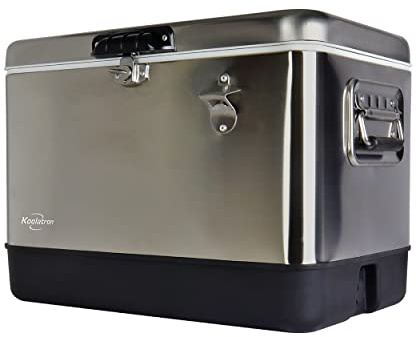Koolatron Ice Chest Cooler - Portable Ice Bucket with Bottle Opener, Vintage Style, Insulated for Camping, Beach, Picnic, RV, BBQs, Tailgating, Fishing, Stainless Steel 85 Can Ice Box, 51L (54 qt)