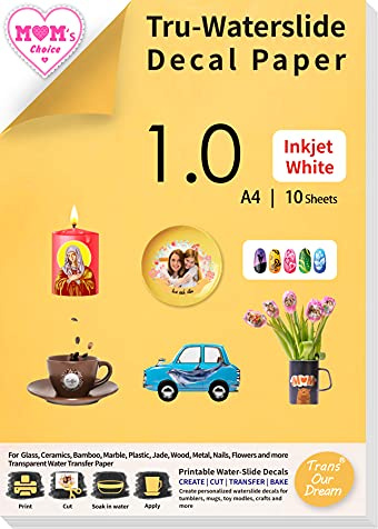 TransOurDream Tru-Water Slide Decal Paper Inkjet White 10 Sheets A4 Water Transfer Paper for Inkjet Printer Printable Water Slide Decals for Mugs, Tumblers, Glasses,DIY Candles(TRANS-019)