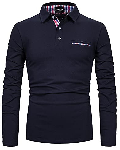 APAELEA Men's Long Sleeve Polo Shirt Casual Rugby Shirts with Plaid Down Collar,Navy,XL