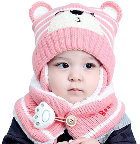 NLAND Bebe Conjunto de Bufanda y Sombrero Sombrero Linda Calentar de Punto Gorro para Niño y Niña 6-24 Meses(Rosa,Talla única)